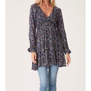 Lovestitch Womens Riley Tiered Tunic Top Boho Purple Paisley Long Sleeve size S